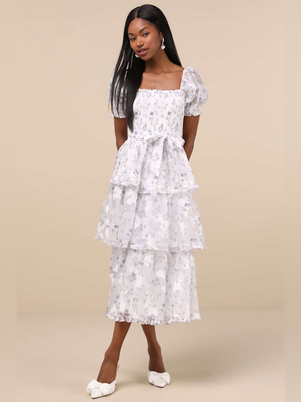 Lulu’s Darling Posture White Floral Tiered Puff Sleeve Midi Dress